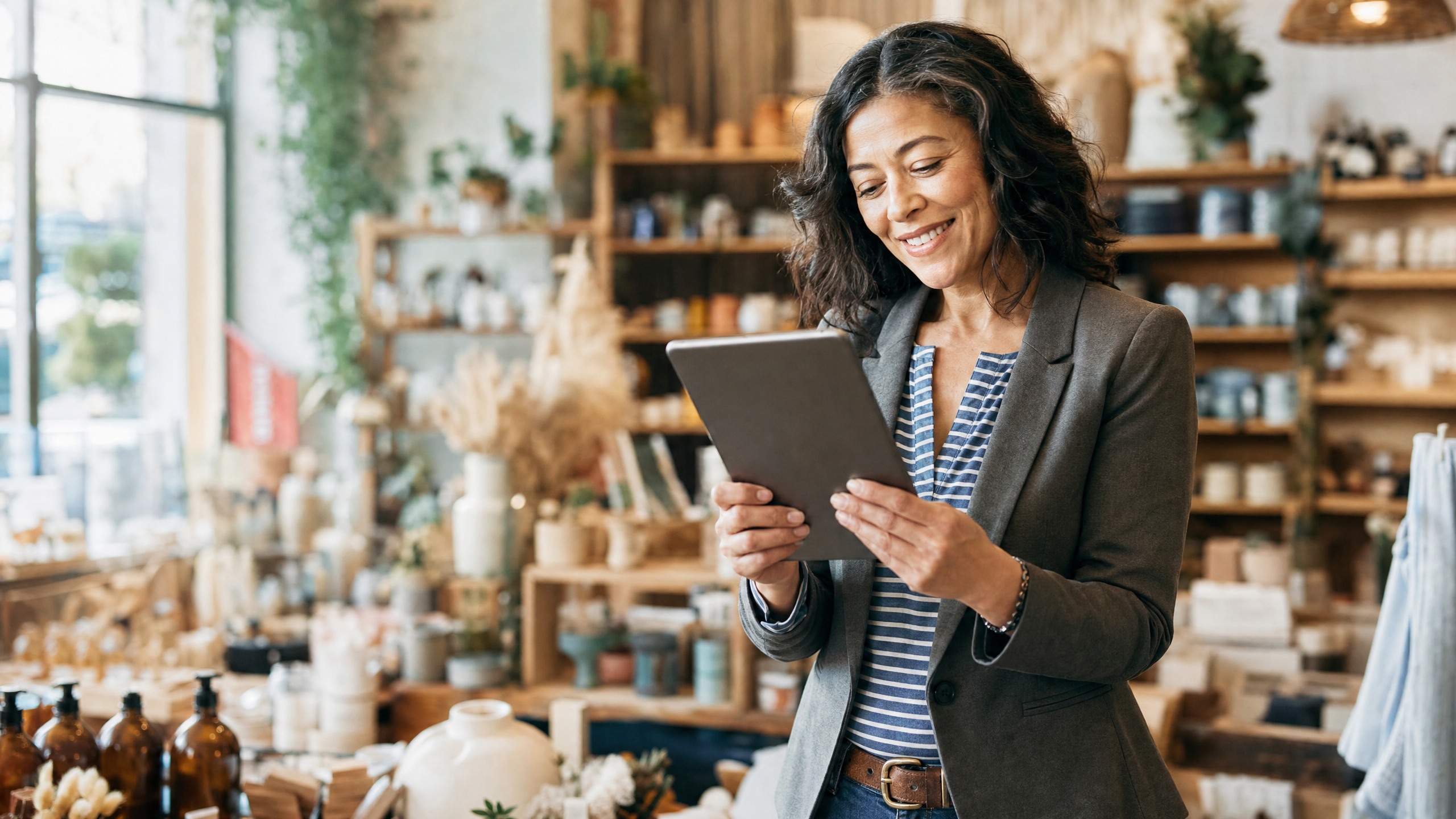 Small business owner checking their phone with a satisfied expression in their shop