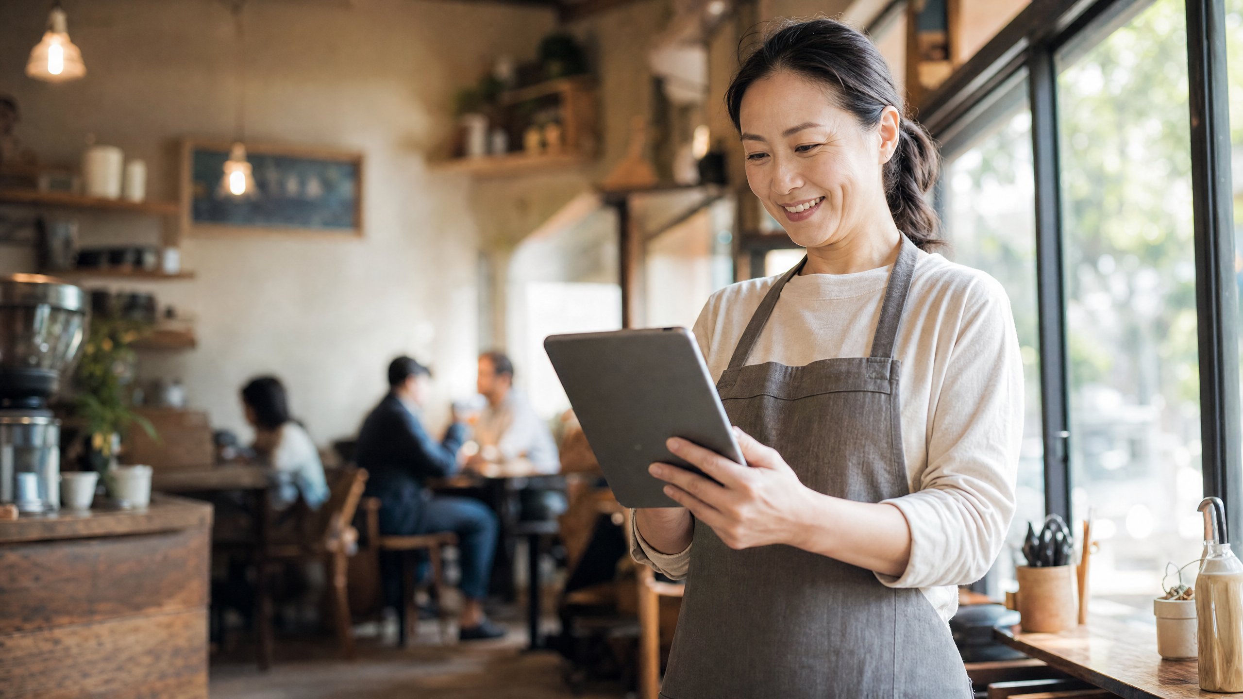Happy local business owner reading positive customer reviews on their phone